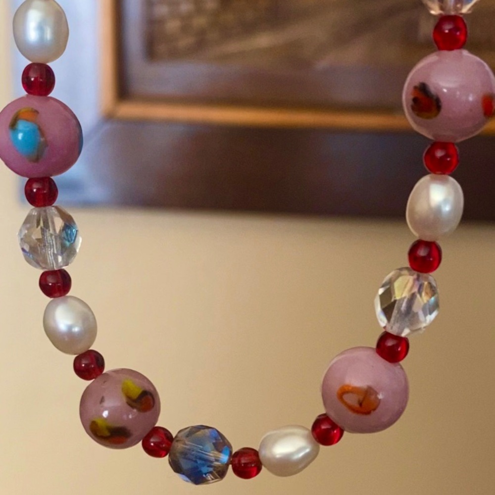 Pink Glass Lampwork Floral Beads w Faceted Round Beads & Pearls Necklace